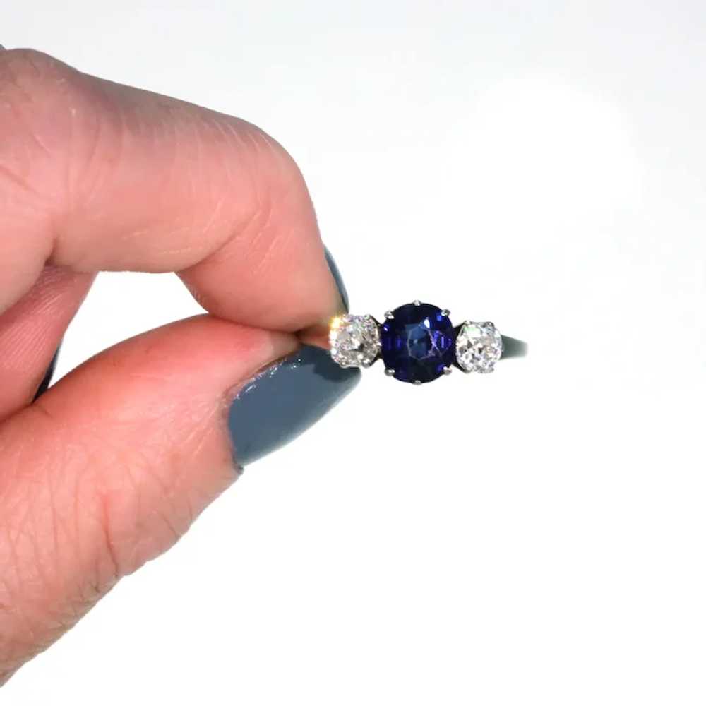 Art Deco Blue Sapphire Diamond 3 Stone Ring - image 7