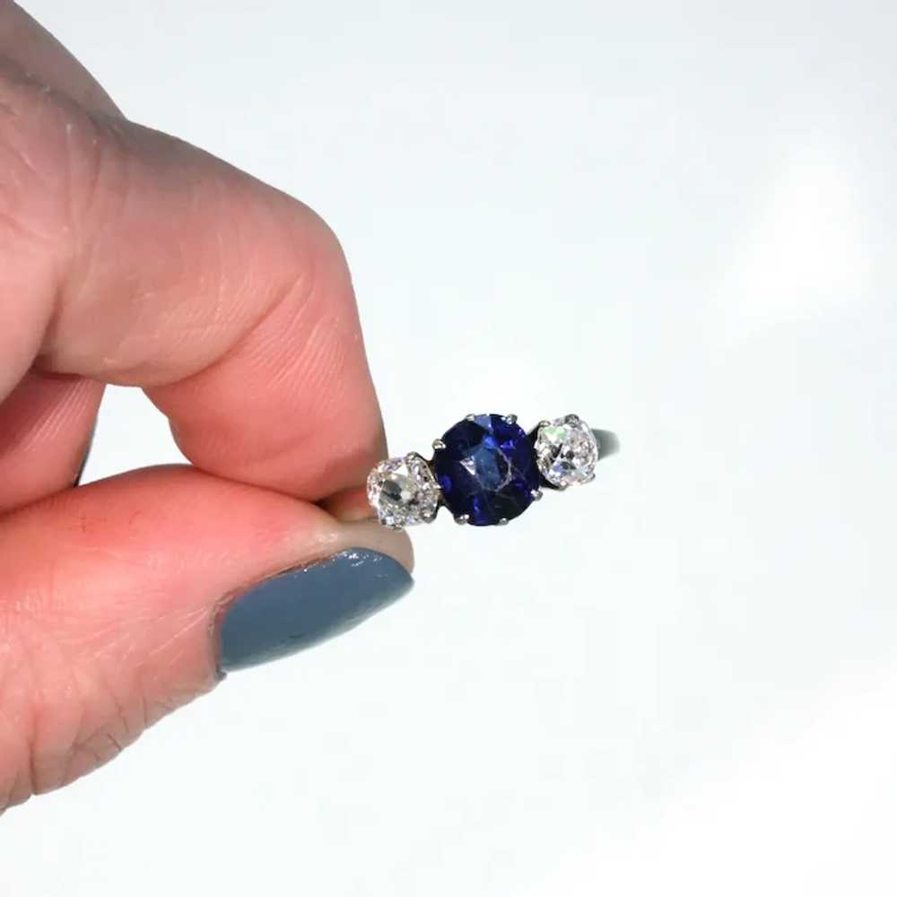 Art Deco Blue Sapphire Diamond 3 Stone Ring - image 8