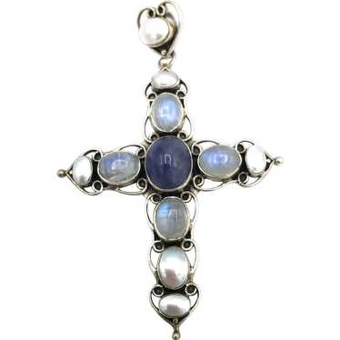 Iolite, Moonstone, & Pearl Cross Pendant - Sterlin