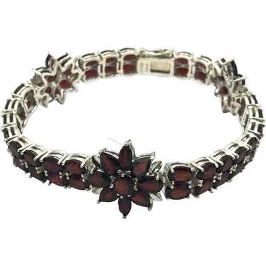 Garnet Flower Tennis Bracelet - Sterling Silver