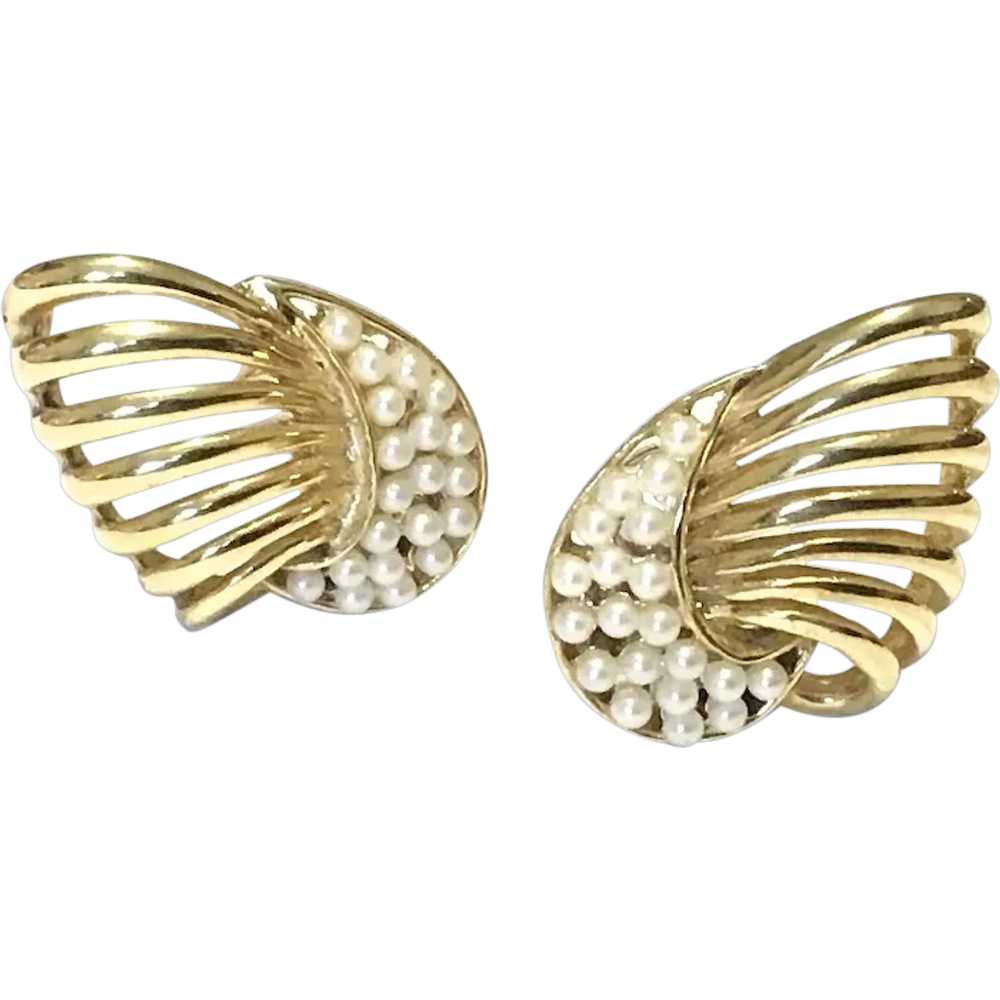 Gold Tone Faux Pearl Clip Earrings - image 1