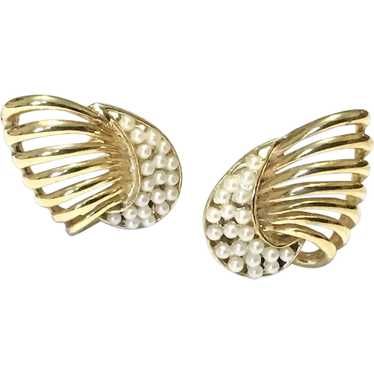 Gold Tone Faux Pearl Clip Earrings - image 1