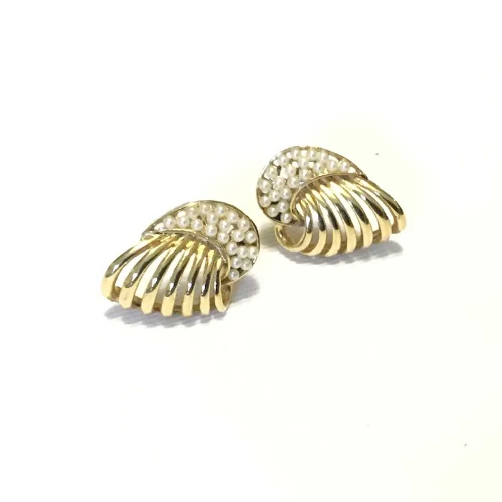 Gold Tone Faux Pearl Clip Earrings - image 2