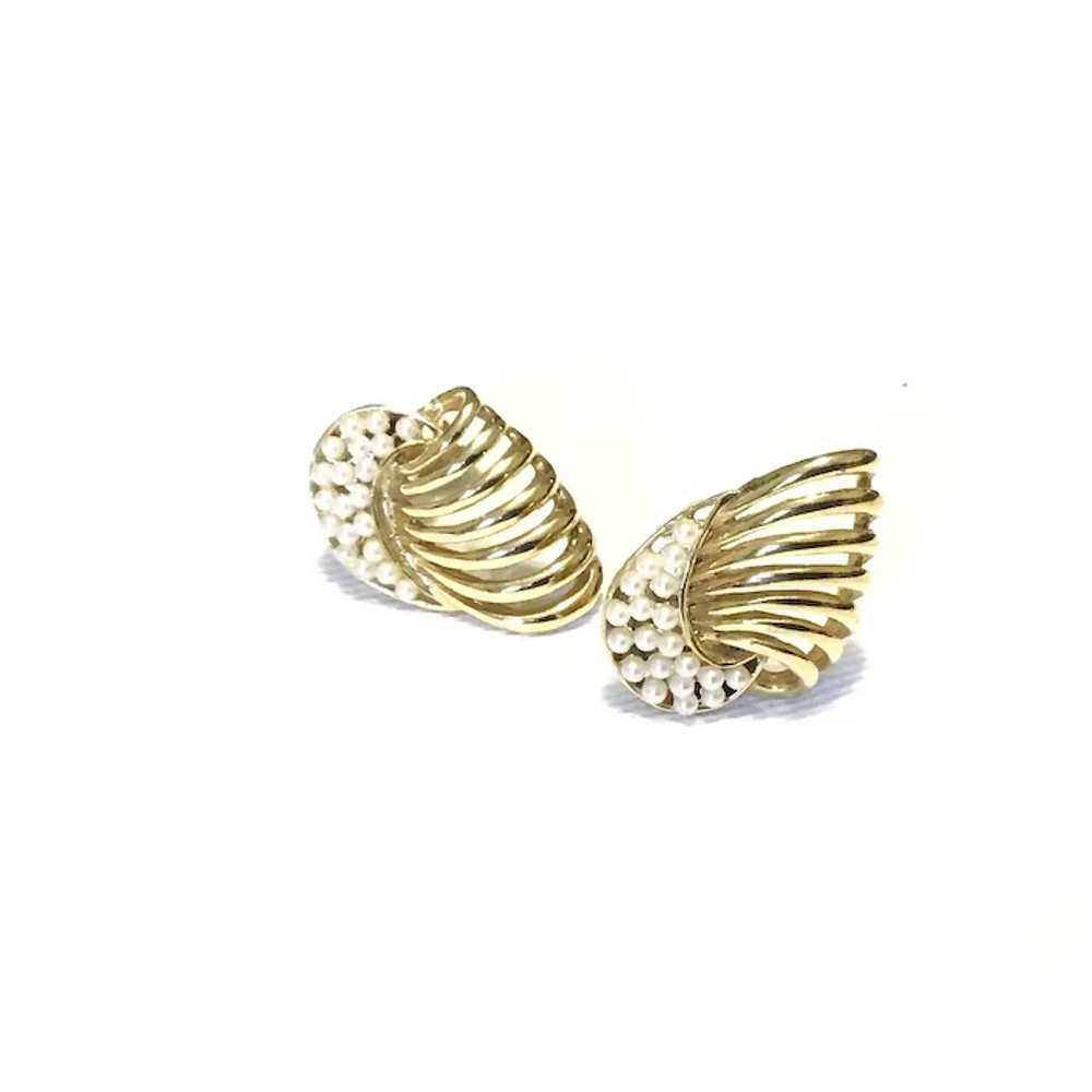 Gold Tone Faux Pearl Clip Earrings - image 3