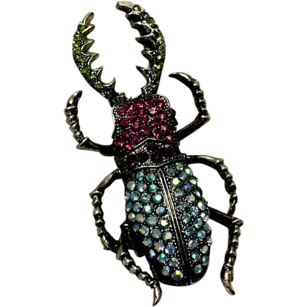 Silver Tone Rhinestone Beatle Brooch - image 1