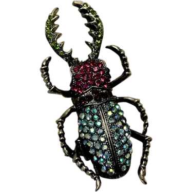 Silver Tone Rhinestone Beatle Brooch - image 1