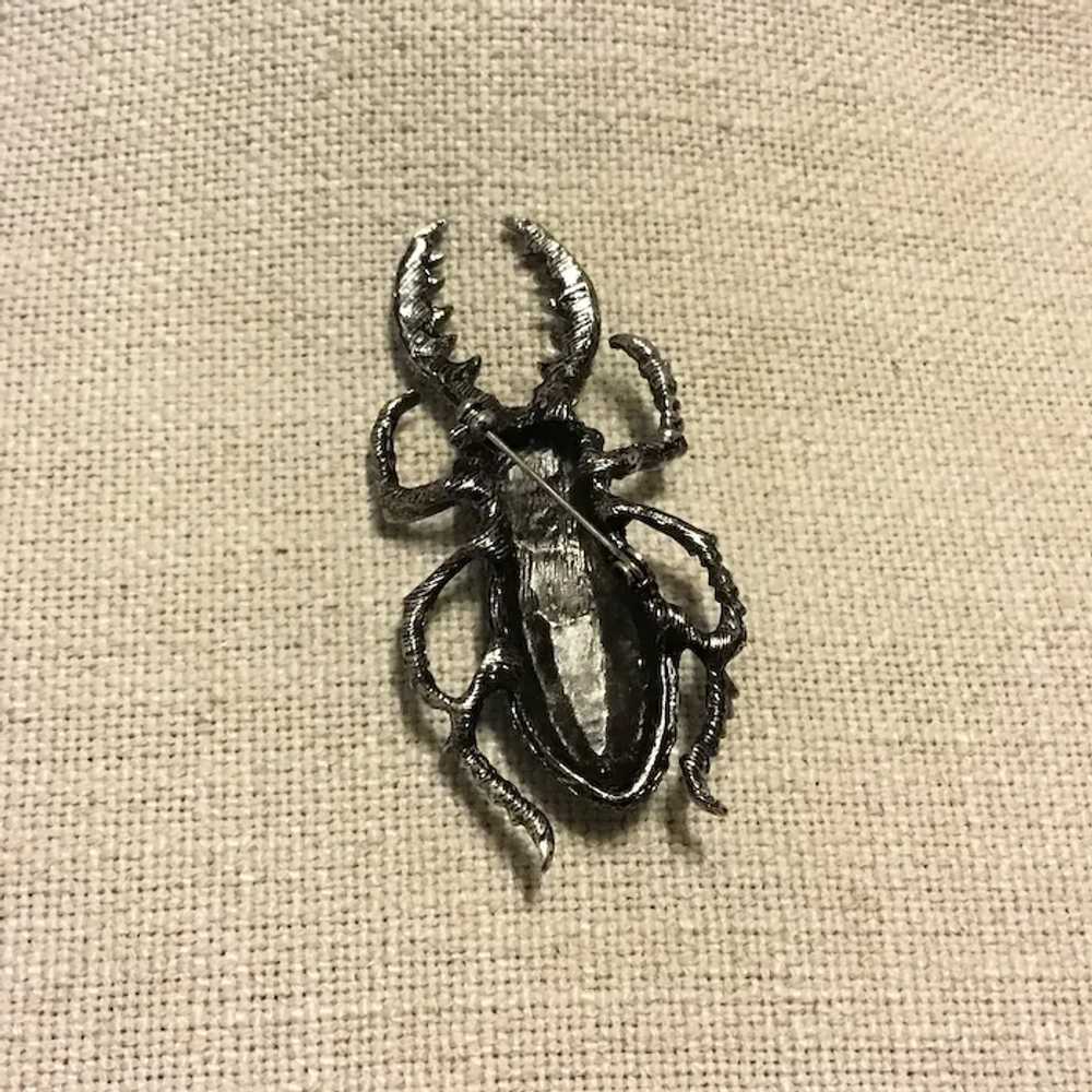 Silver Tone Rhinestone Beatle Brooch - image 4