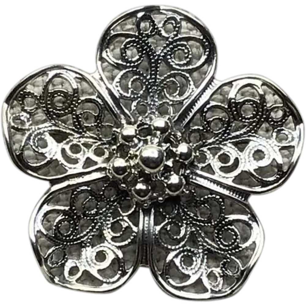 Beau Sterling Silver Filigree Floral Brooch - image 1