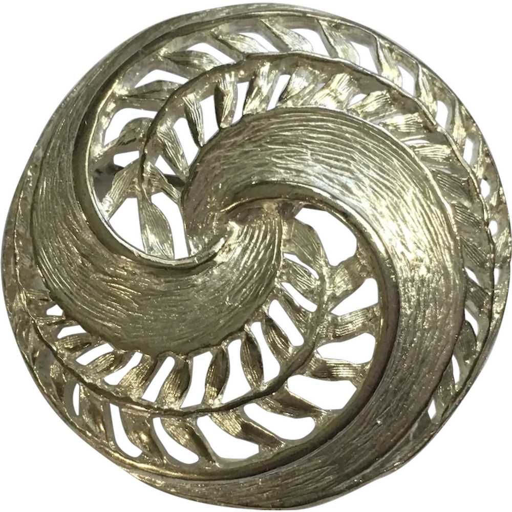 Spiral Silver-Tone Leaves and Feathers Brooch Pin - image 1