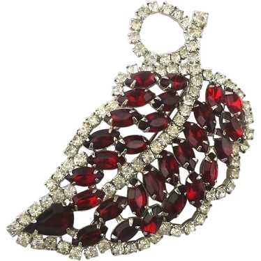 Large Red n White Rhinestone Leaf Pin - image 1