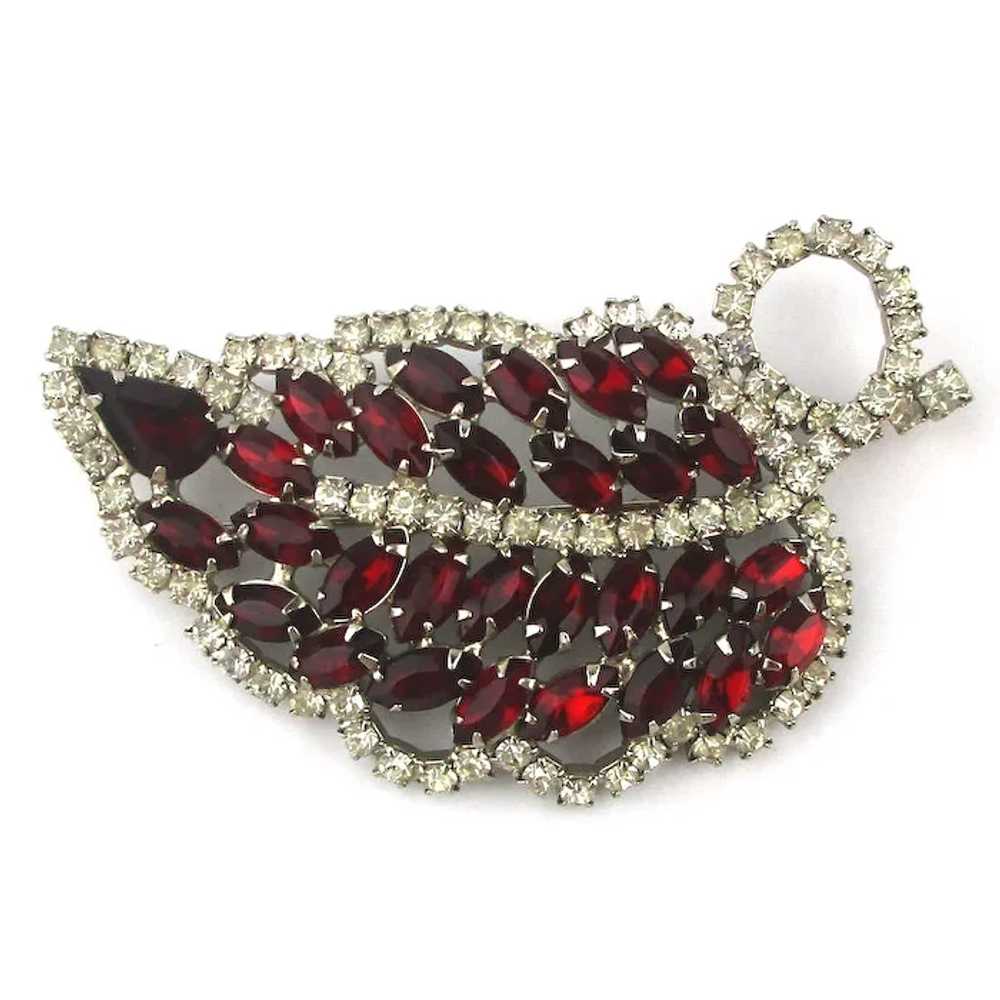 Large Red n White Rhinestone Leaf Pin - image 2