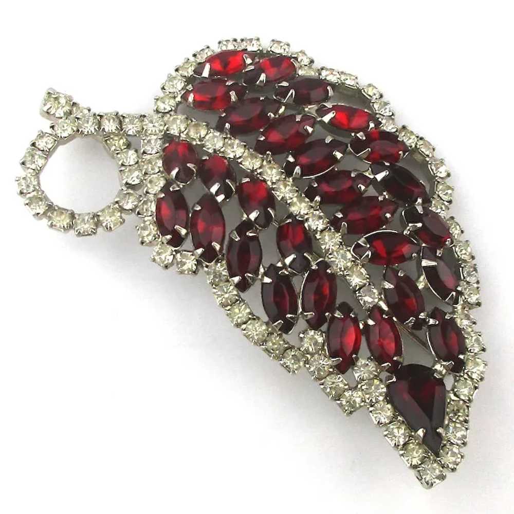 Large Red n White Rhinestone Leaf Pin - image 3