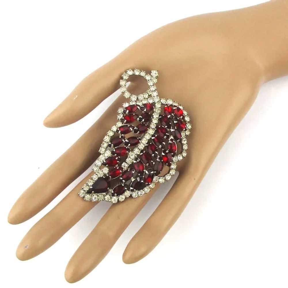 Large Red n White Rhinestone Leaf Pin - image 4