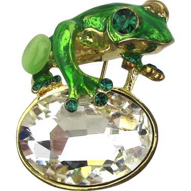 18K Enamel Frog Pin, Diamond Eyes.