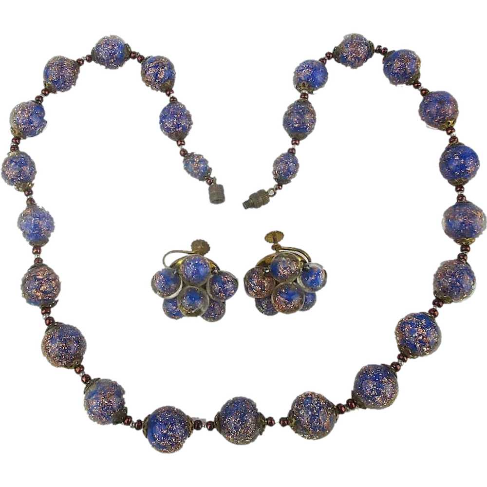 Old Italian Flecked Glass Necklace Earrings Set - image 1