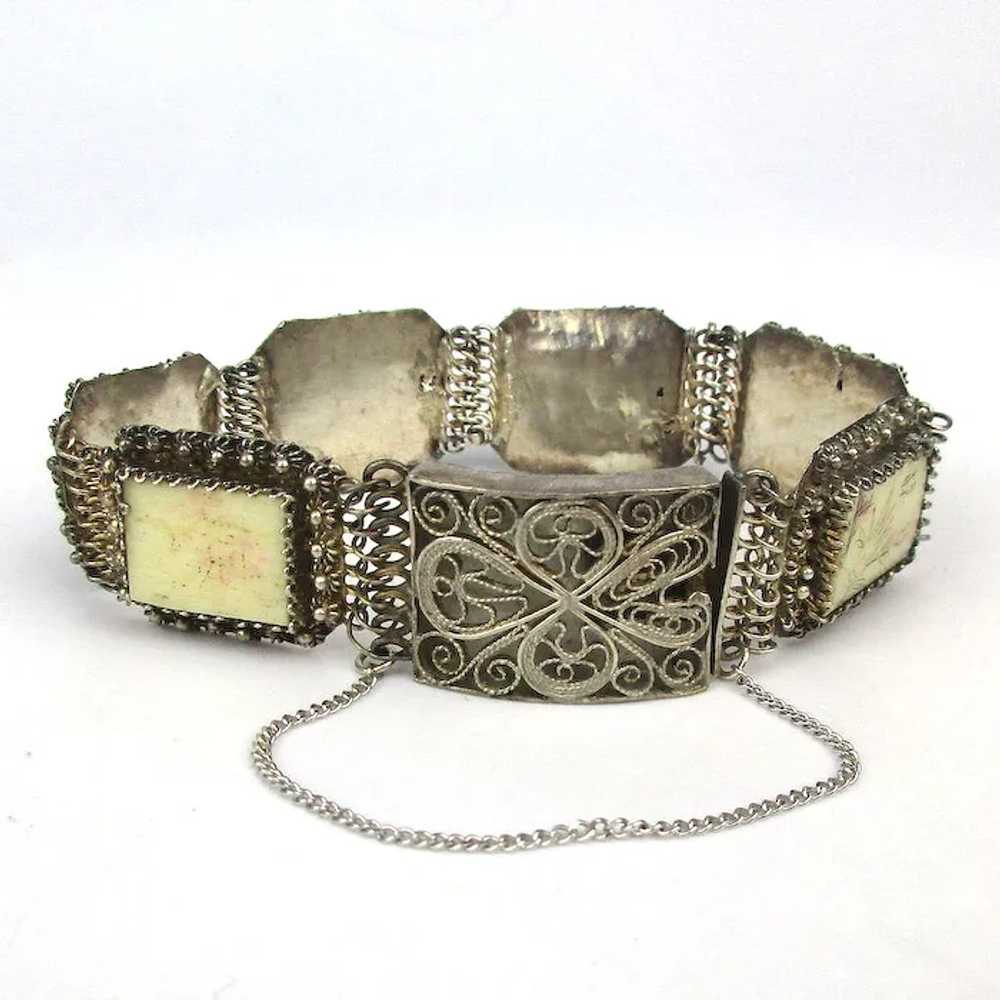 Old Asian Carved Painted Bone Sterling Silver Bra… - image 2