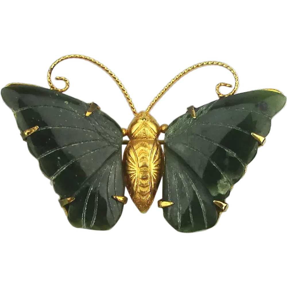 Gilded Butterfly Pin w/ Carved Jade Wings - image 1