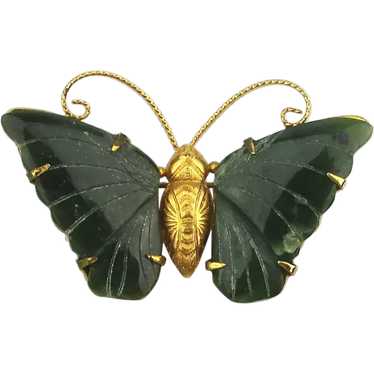 Gilded Butterfly Pin w/ Carved Jade Wings