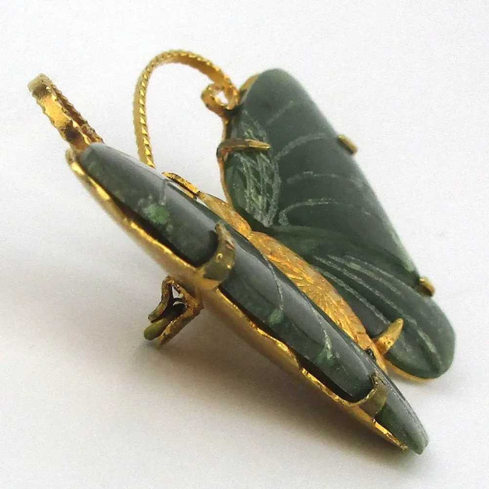 Gilded Butterfly Pin w/ Carved Jade Wings - image 2
