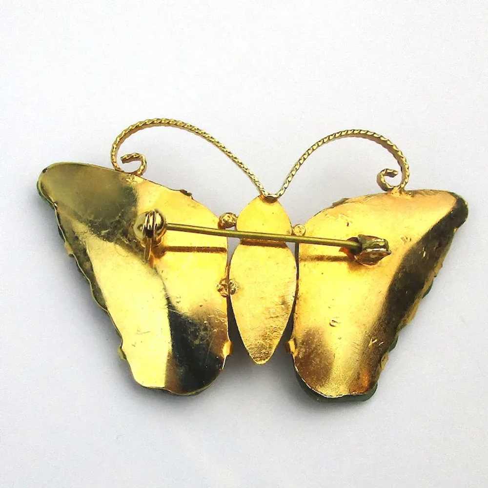 Gilded Butterfly Pin w/ Carved Jade Wings - image 3
