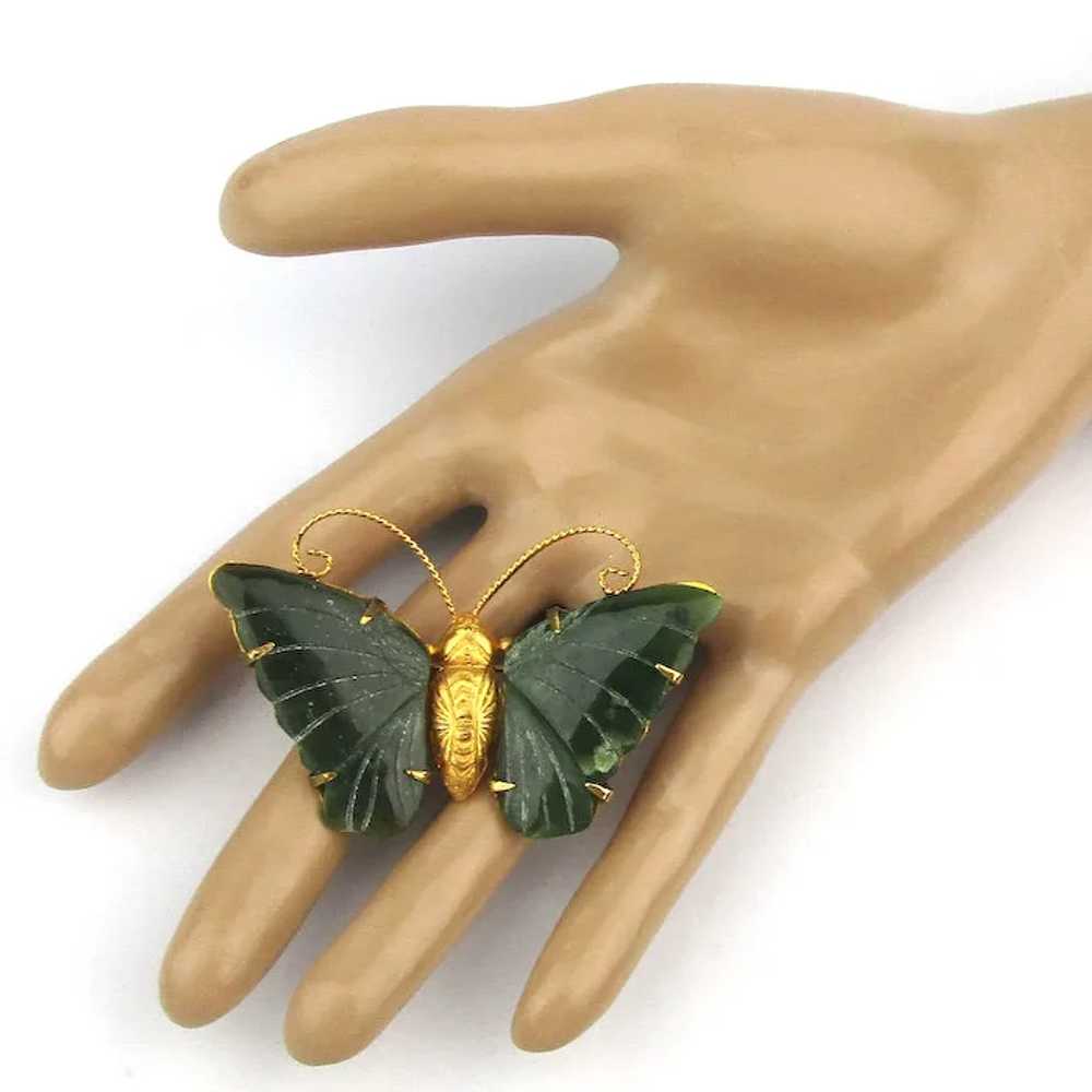 Gilded Butterfly Pin w/ Carved Jade Wings - image 4