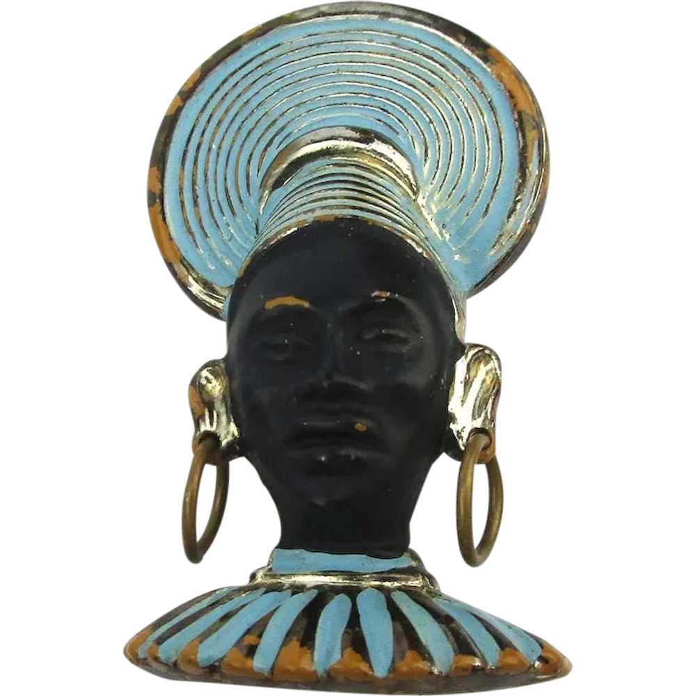 Art Deco Era African Princess Enamel Pin Brooch - image 1