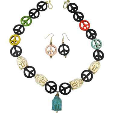 Vintage Stone PEACE BUDDHA Symbol Necklace - Earr… - image 1