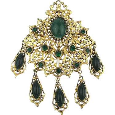 Big Gilded Filigree Pin w/ Faux Emerald Green Rhin