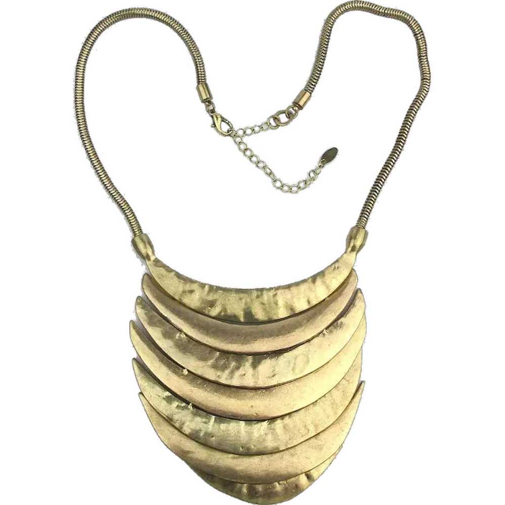 Modernist  Gilt Metal Bib Necklace - 7 Layer Wate… - image 1