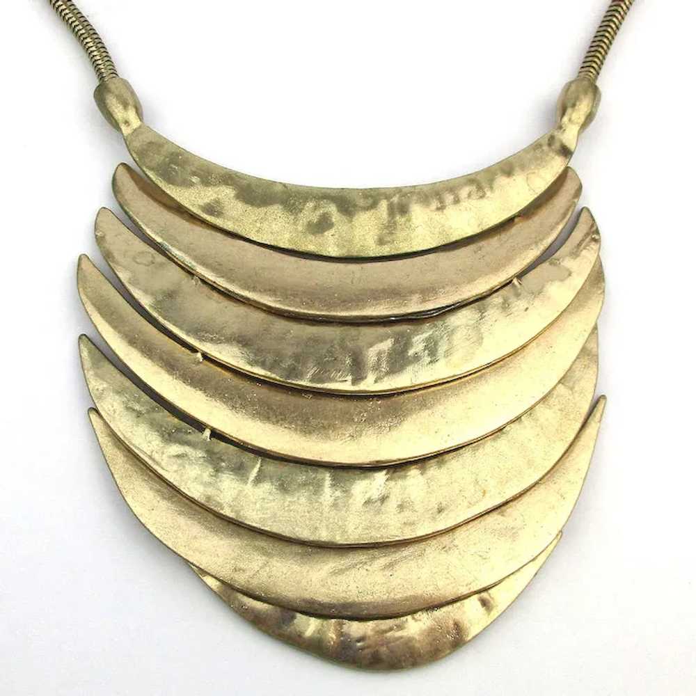 Modernist  Gilt Metal Bib Necklace - 7 Layer Wate… - image 2