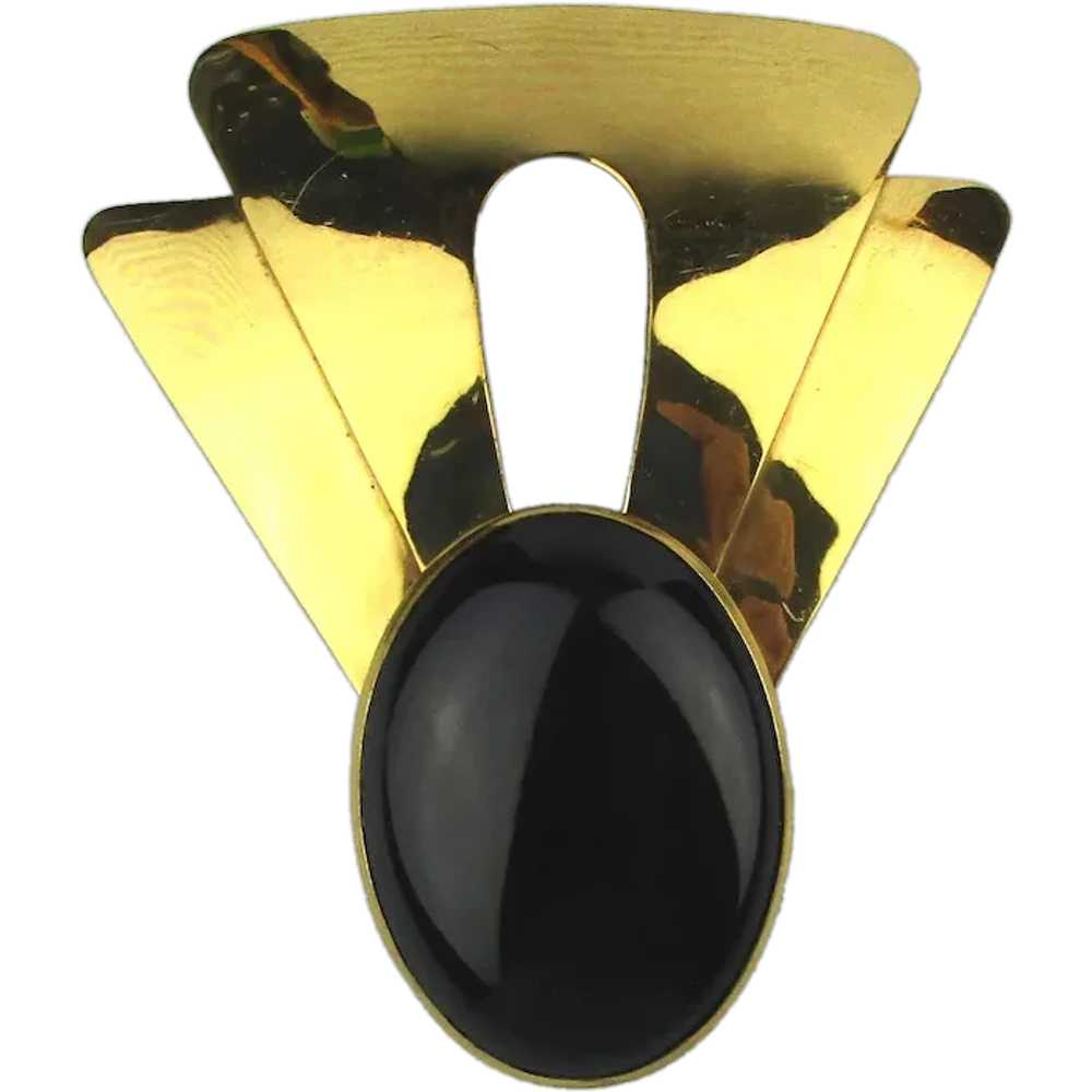 Modernist FLORELLE Goldtone Black Stone Pin Brooch - image 1