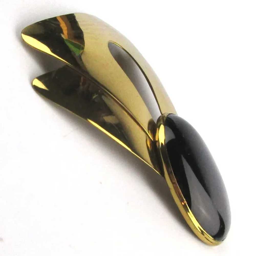 Modernist FLORELLE Goldtone Black Stone Pin Brooch - image 3