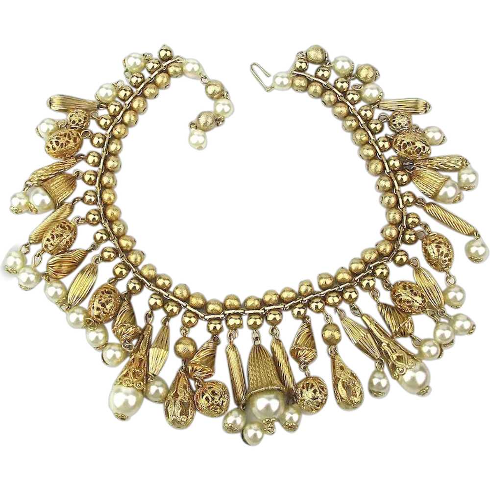 Faux Pearl Filigree Charm Dangles Necklace Choker - image 1