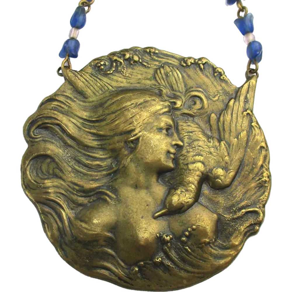 Old Bronze Medallion Pendant Necklace Lady w/ Bird - image 1