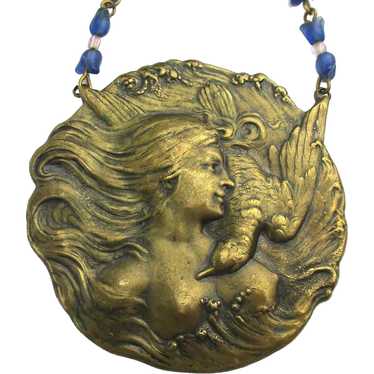 Old Bronze Medallion Pendant Necklace Lady w/ Bird - image 1