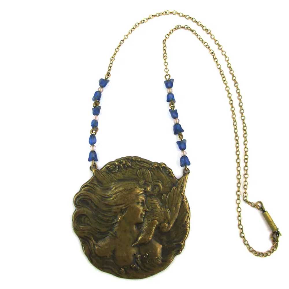 Old Bronze Medallion Pendant Necklace Lady w/ Bird - image 2