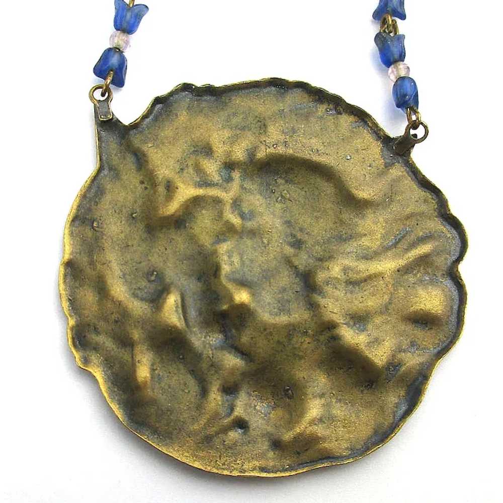 Old Bronze Medallion Pendant Necklace Lady w/ Bird - image 3