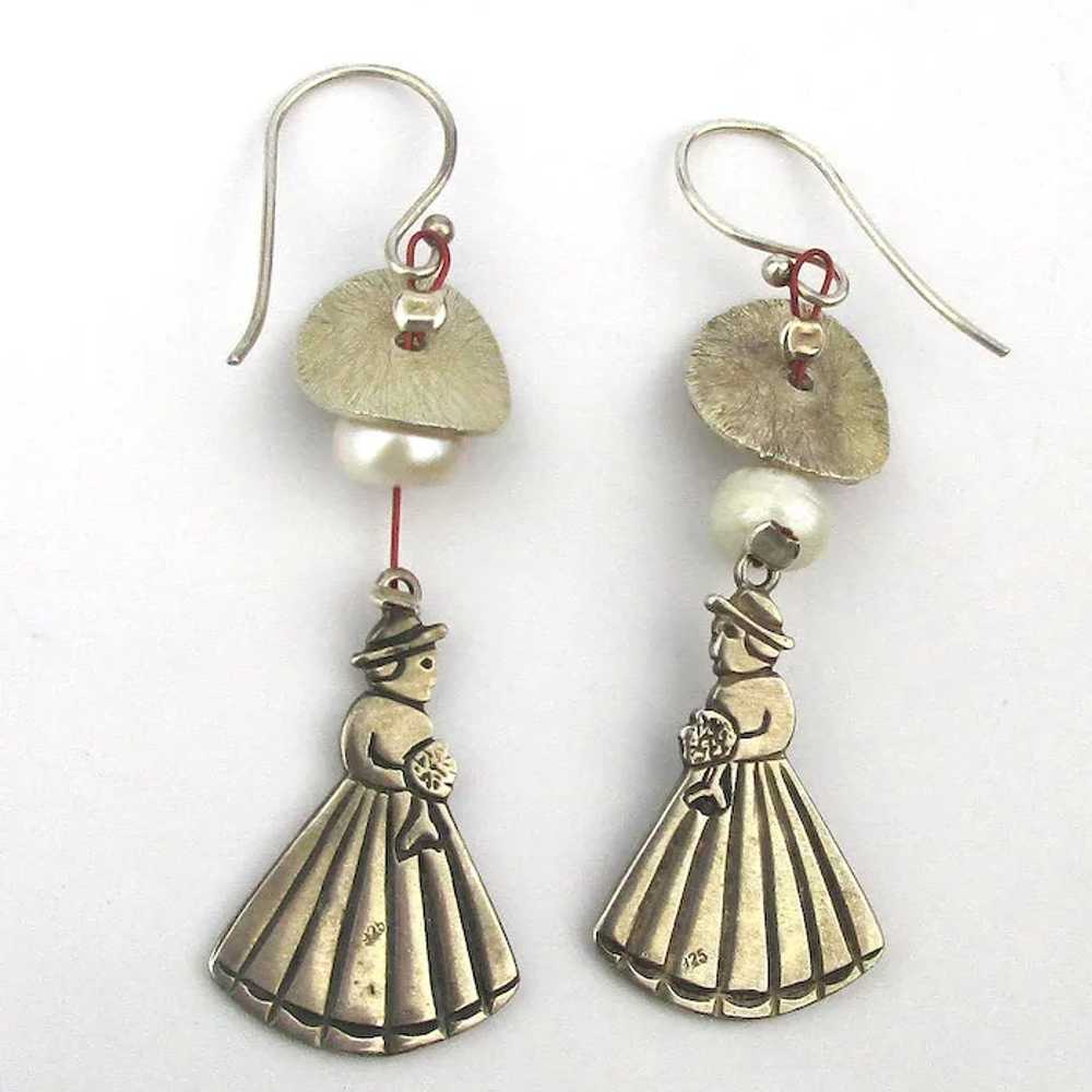 Sterling Silver Dangle Earrings Lady w/ Flowers n… - image 2