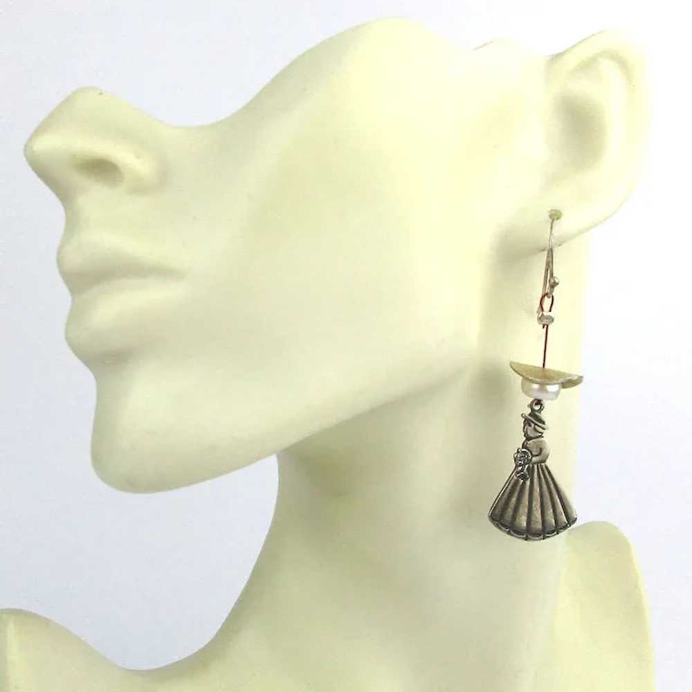 Sterling Silver Dangle Earrings Lady w/ Flowers n… - image 3
