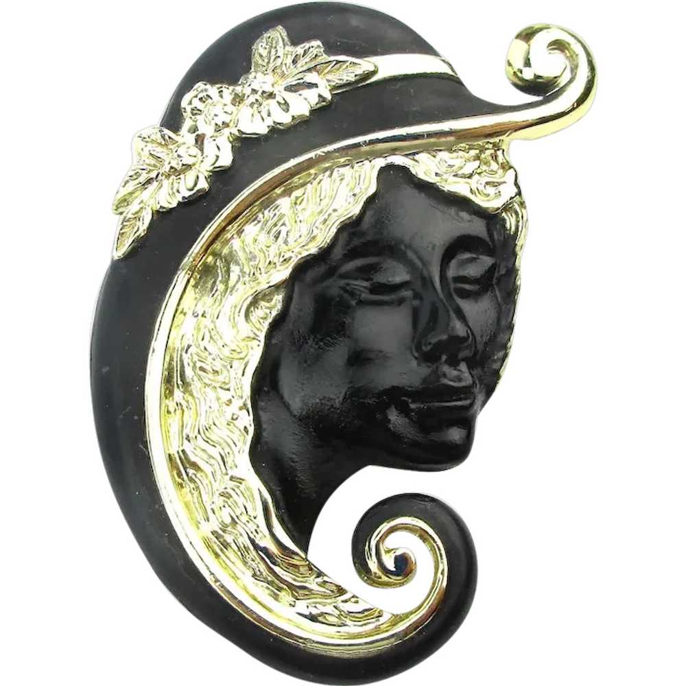 Torino Signed Pin Black Enameled Woman w/ Big Hat - image 1