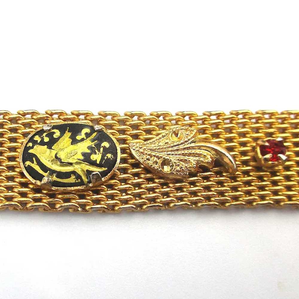 Gilded Mesh Bracelet w/ Damascene Birds Leaves Rh… - image 6