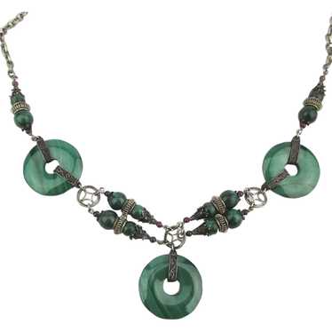 Ethnic Style Malachite Garnet Silvertone Necklace