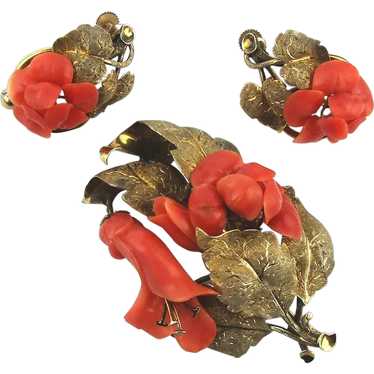 Victorian 14K Gold Salmon Coral Pin Brooch Pendan… - image 1