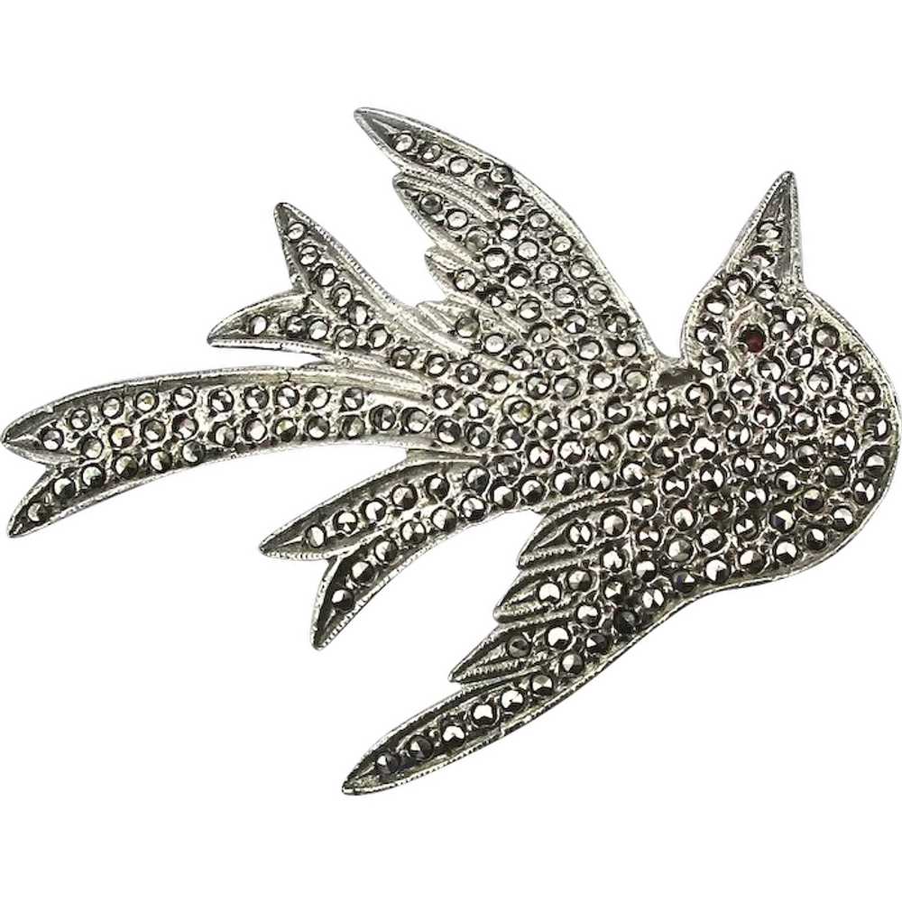 Sterling Silver Marcasite Bird Pin - A Flying Spa… - image 1