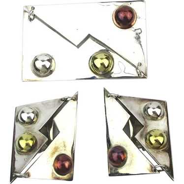 Modernist Taxco Sterling Silver Set Pin Earrings U