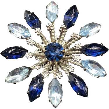 Vintage Rhinestones Flower Brooch Blue Navette Ma… - image 1