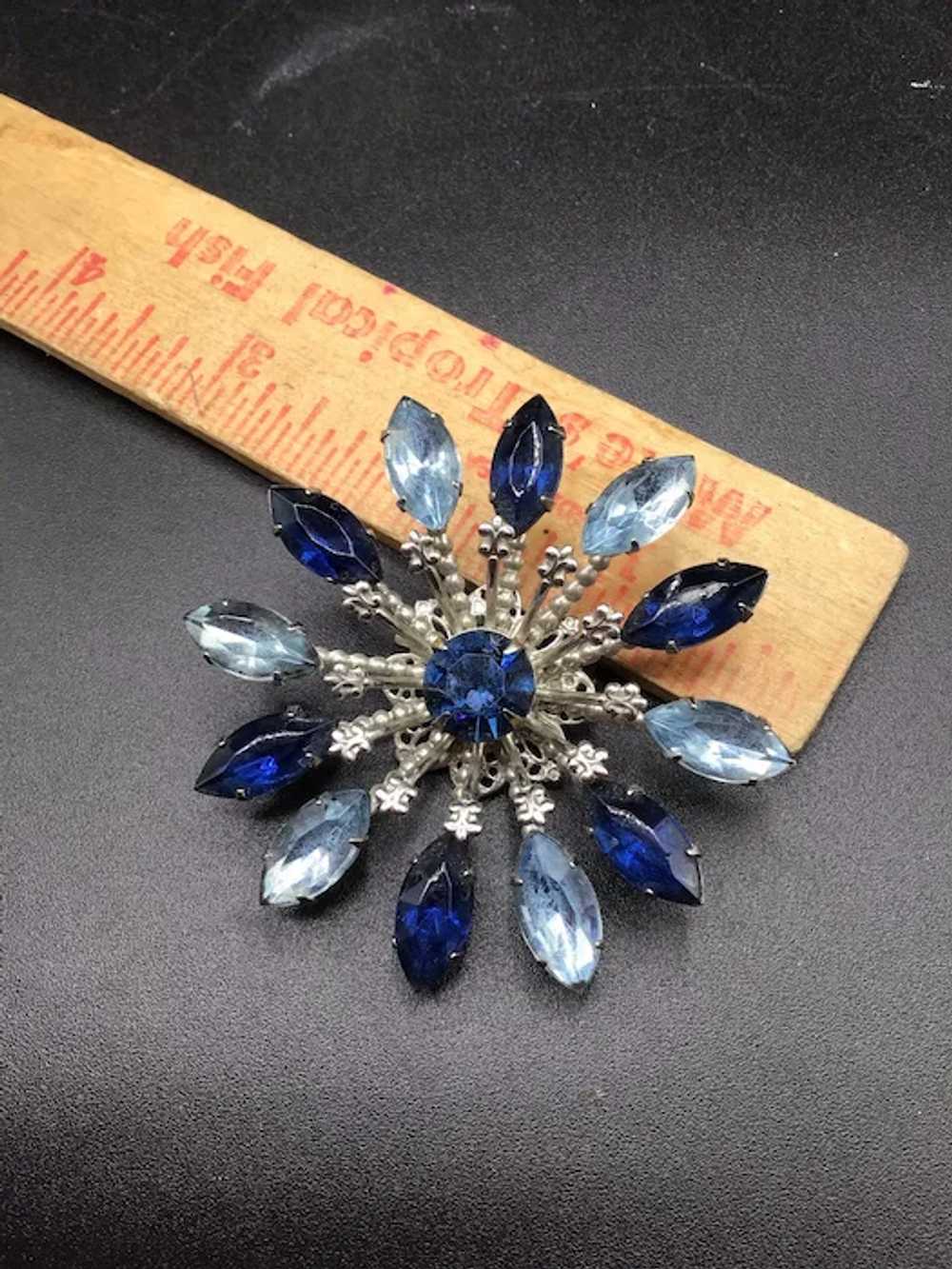 Vintage Rhinestones Flower Brooch Blue Navette Ma… - image 6