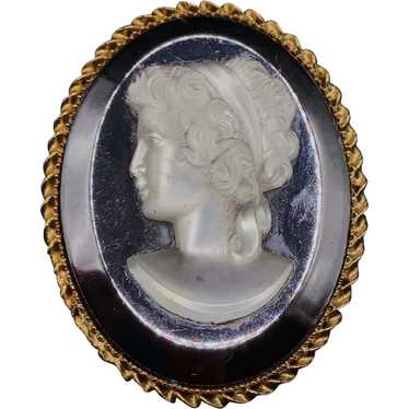 Vintage Glass Cameo Pin Black Frosted Glass Left … - image 1