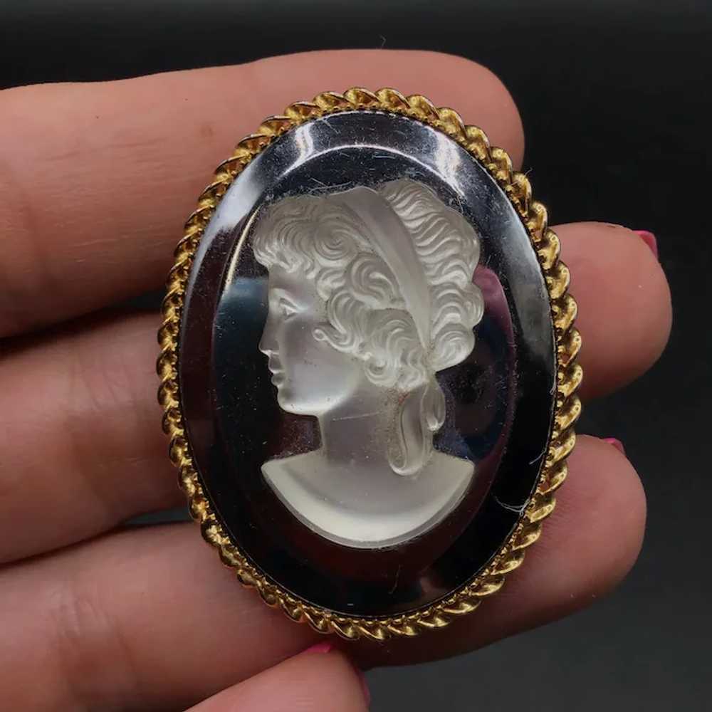 Vintage Glass Cameo Pin Black Frosted Glass Left … - image 2
