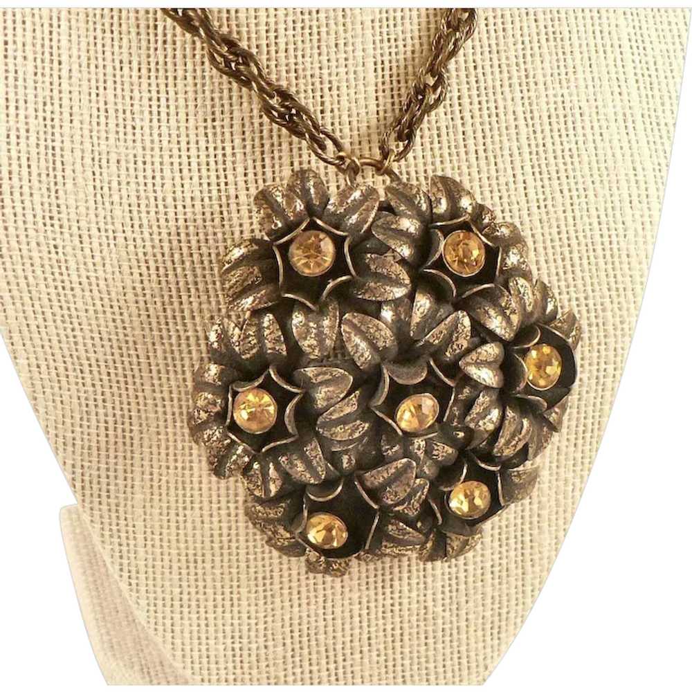 Rare Brass and Citrine Glass Floral Pendant Neckl… - image 1